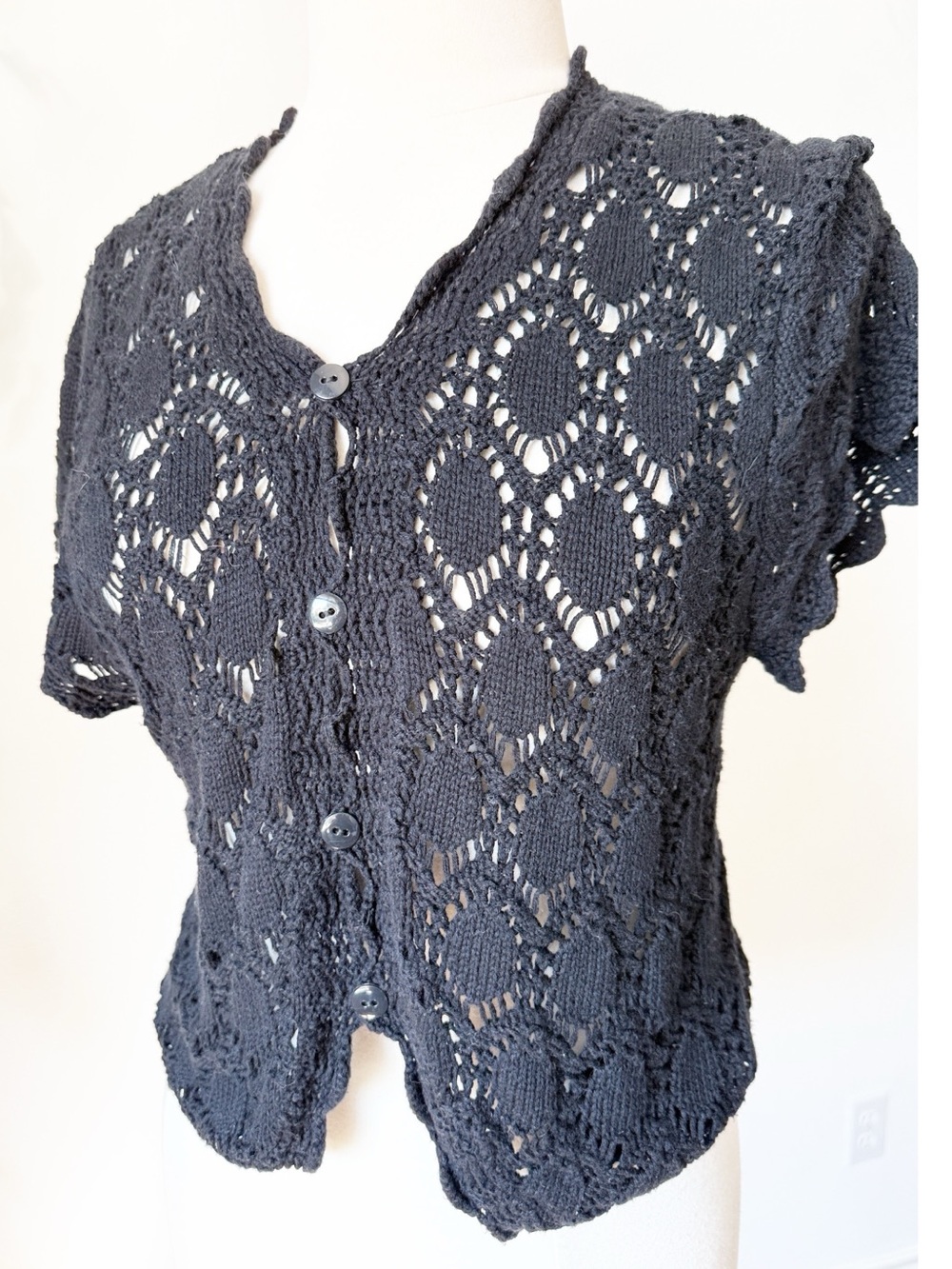 Black Lace Knit Button-Front Women's Sweater